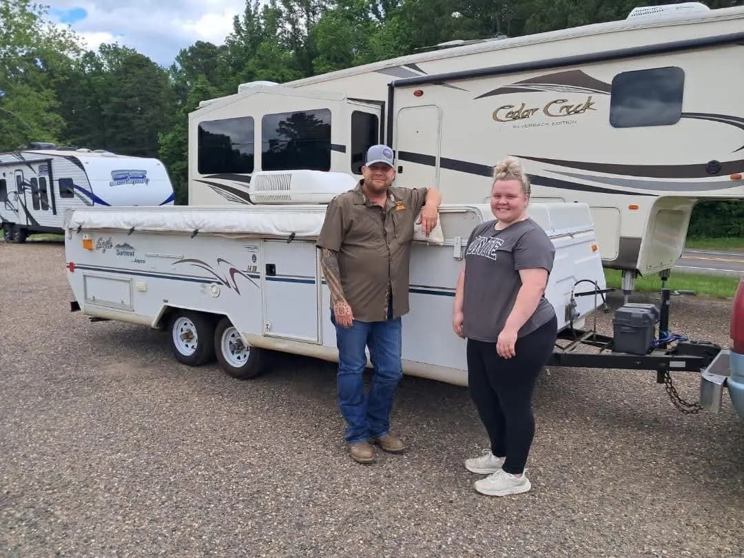 Customer with her Jayco Summit pop-up camper, handed over by the Tony Used Campers team